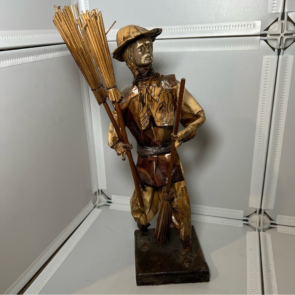 Vintage Mexican Paper Mache Figure 14” Farmer Holding Woven Broom Folk Art